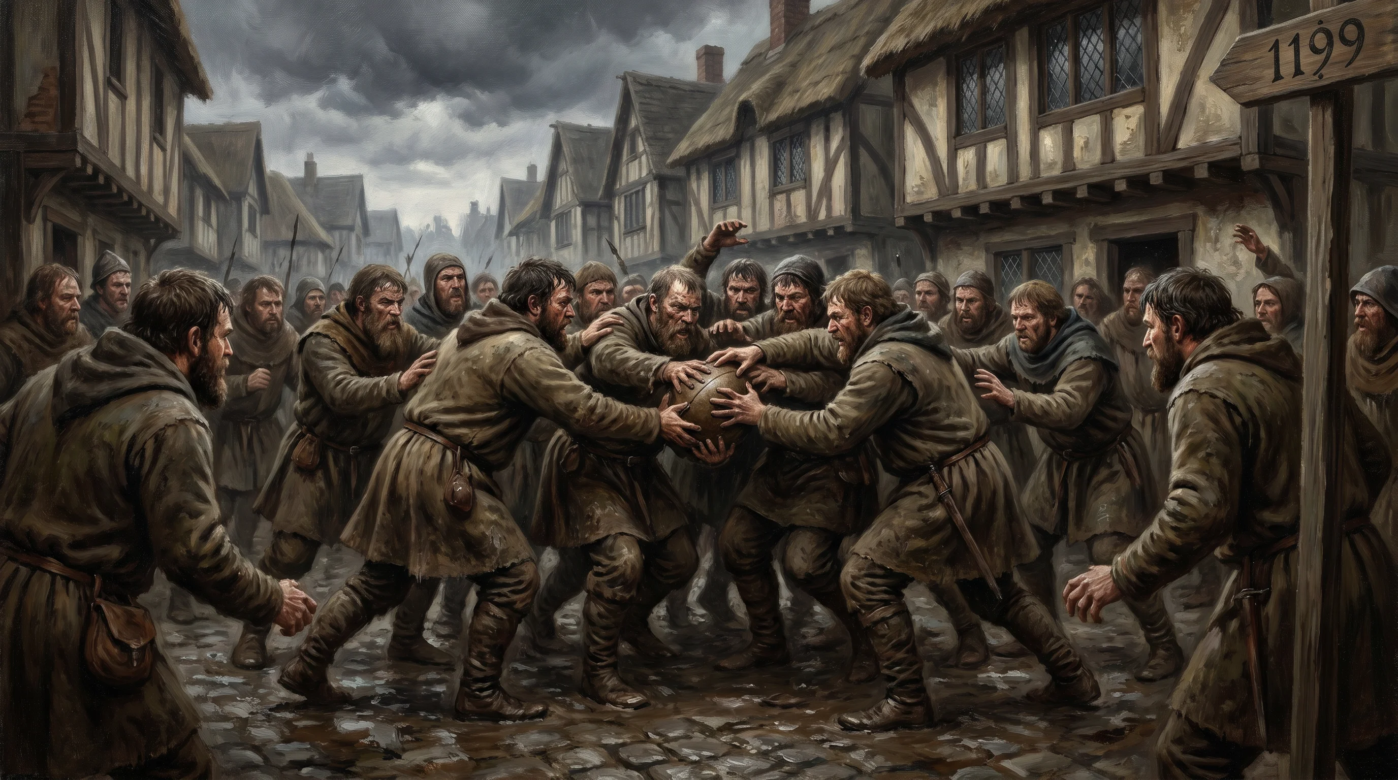 Peasants locked in a muddy struggle for the ball in 1199