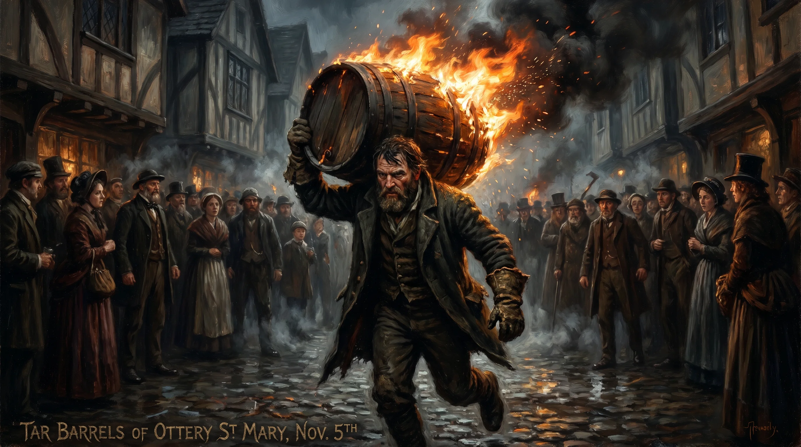 A runner carrying a blazing tar barrel on his shoulders