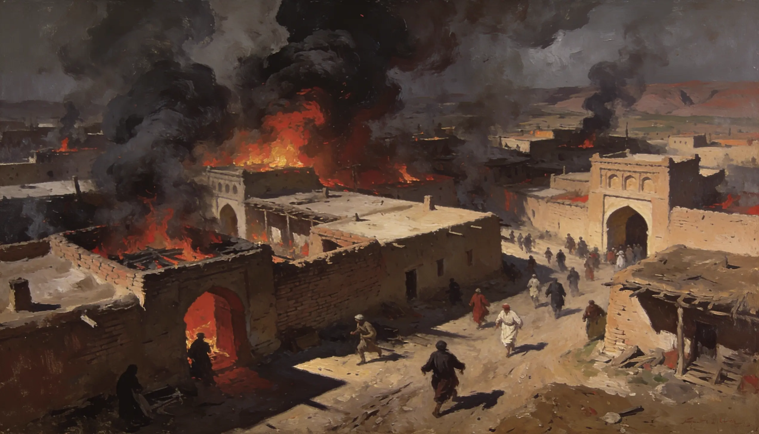 Historical dramatic oil painting of the village of Supurghan in flames