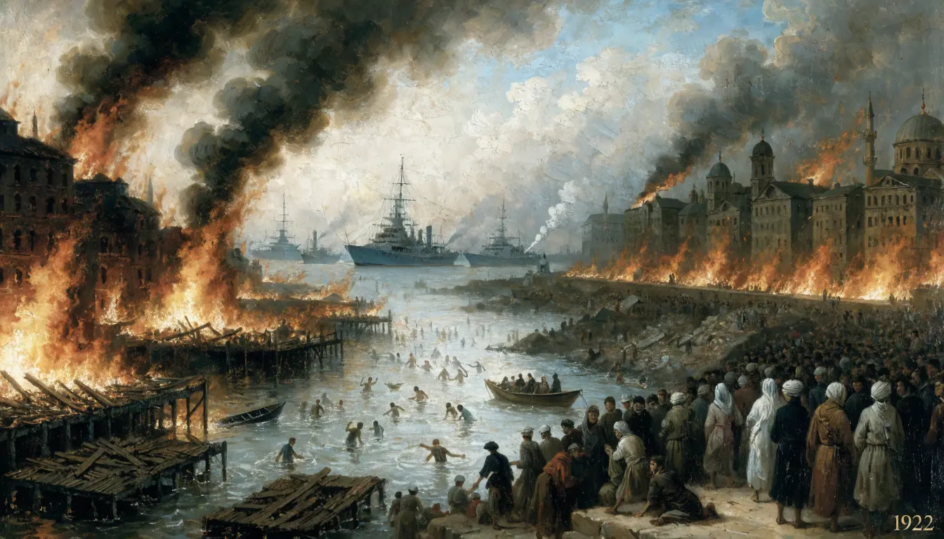 A harrowing scene of refugees crowded on the Smyrna waterfront with the city burning behind them