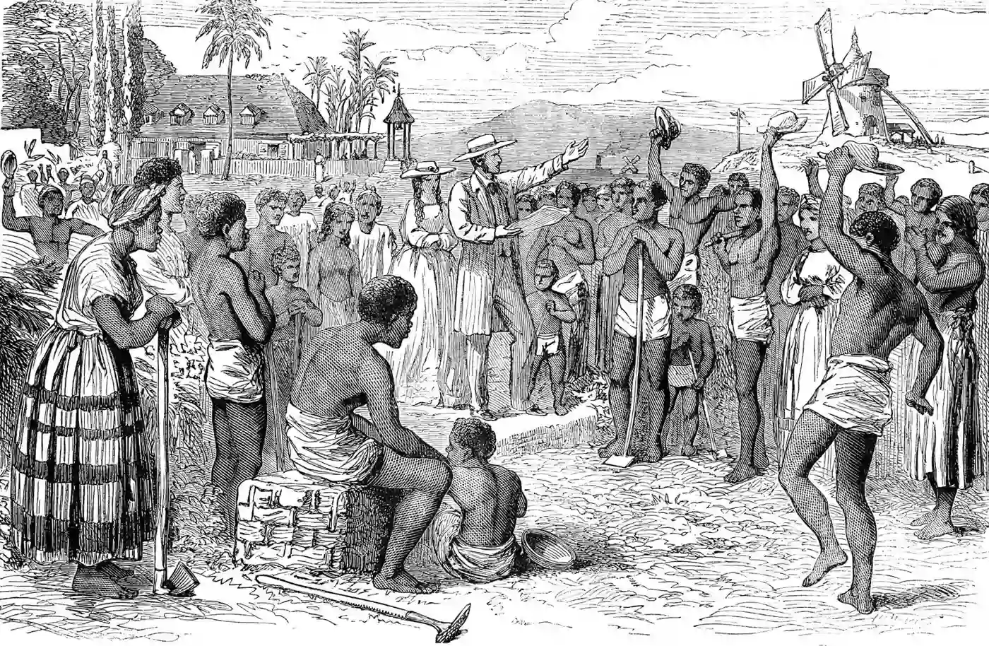 Enslaved people on a British West Indies plantation receiving news of their emancipation under the 1833 Act
